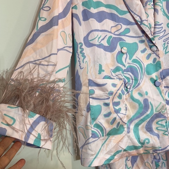 revolve x Oceanus rose pink ostrich feather psychedelic cover up small set - Picture 3 of 8